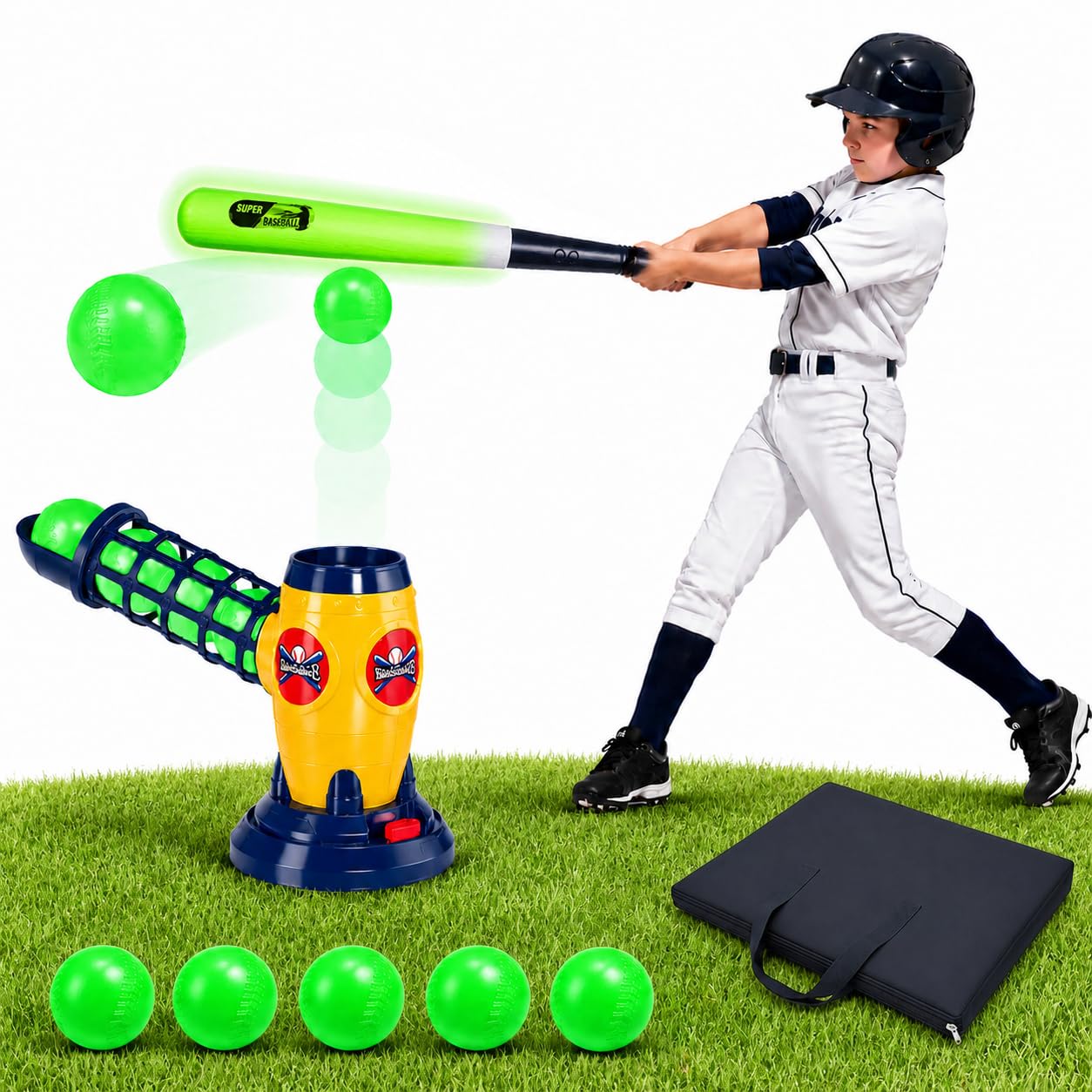 Kids Baseball Auto Pitching Machine T Ball Set, Remote Bat, 5 Glow Balls