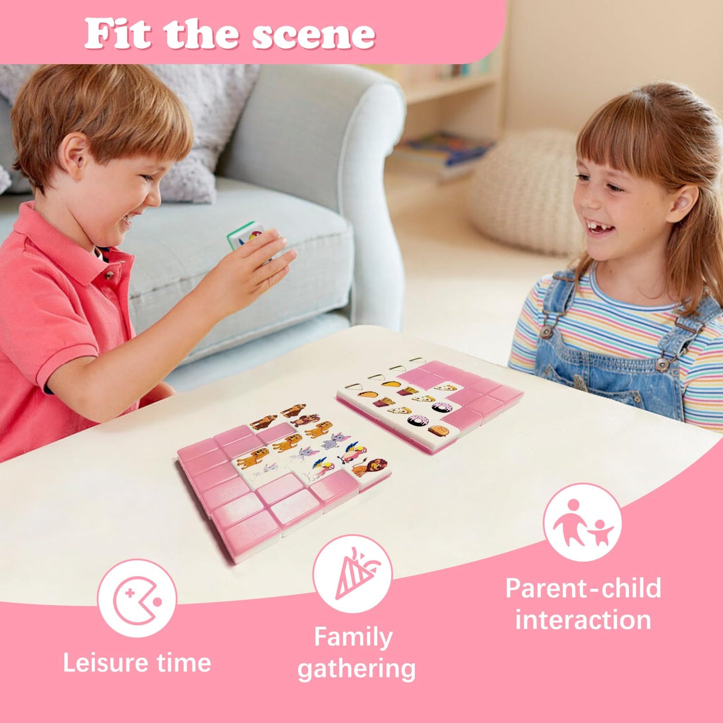 Seaside Escape Game Blocks, Mahjong Tile Game Sets with 49 Tiles 30mm Pet and Food Pattern.