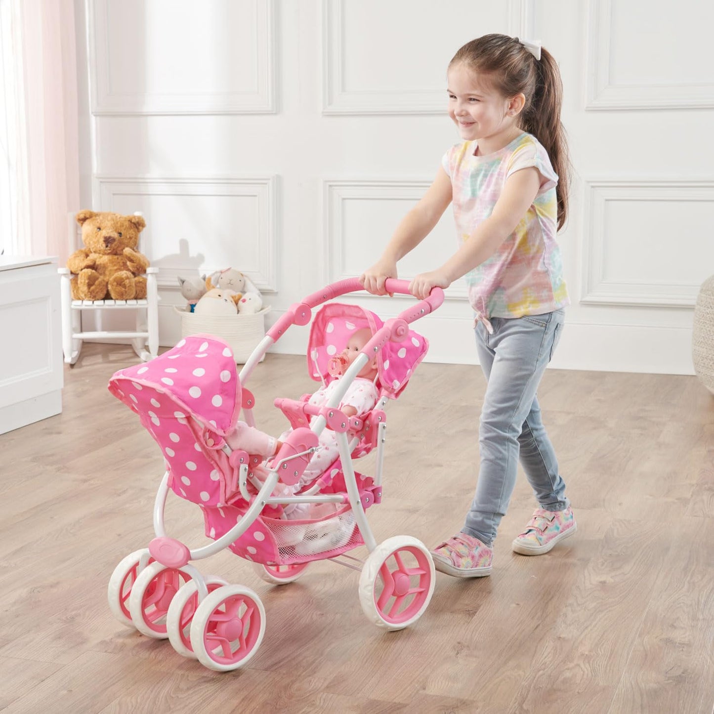 Badger Basket Polka Dot Reversible Double Doll Stroller for 16-Inch Dolls - Pink/Polka Dots with Removable Seats
