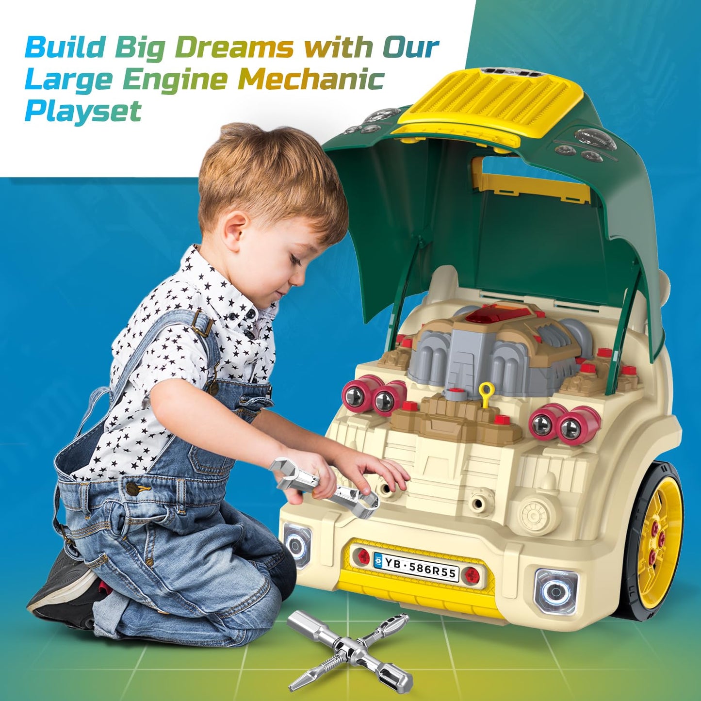 MOBIUS Toys Motor Engine Playset - Large Truck Mechanic Build & Repair Toy with Lights, Sounds & Tools - Educational Take Apart Engine Model for Kids