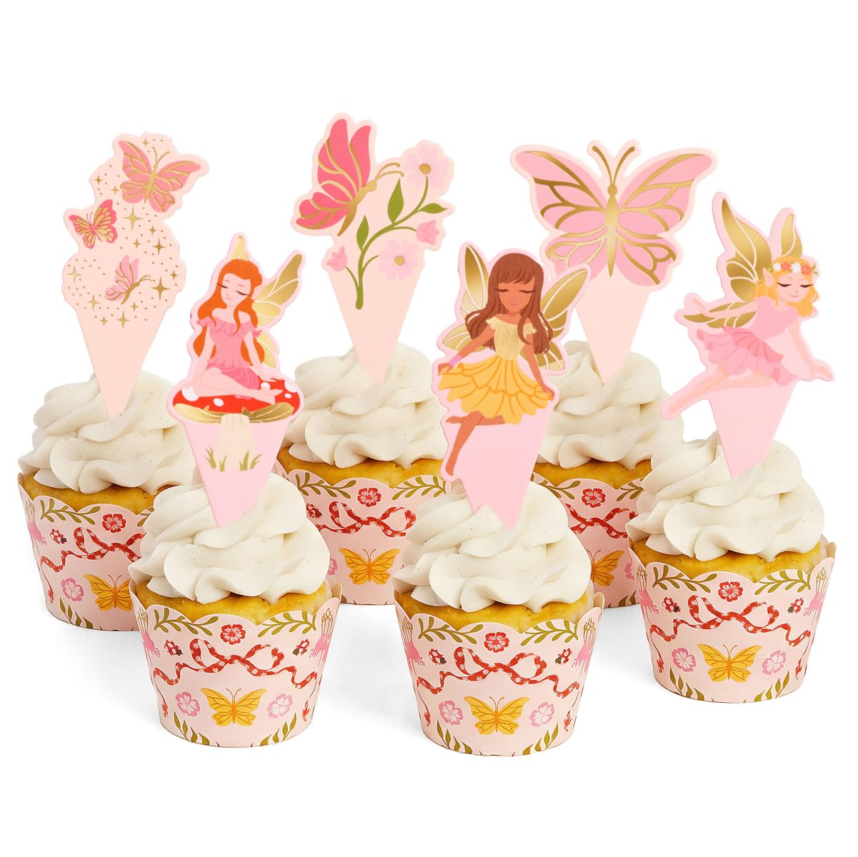 xo, Fetti Garden Fairy Cupcake Toppers and Wrappers - 24 pc Set | Woodland Decorations, Fairy First, Tea Party, Kids Birthday, Butterfly, Pink Floral
