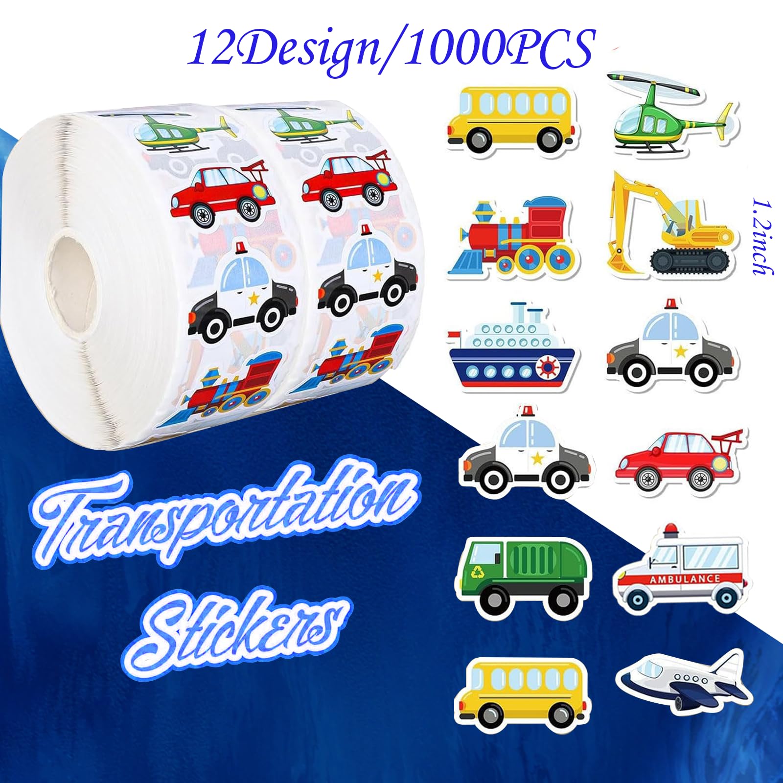 1000 PCS Cartoon Car Stickers Roll Fun Circular Truck Stickers for Kids Perfect for Kindergarten Teacher Rewards Children's Birthday Party School