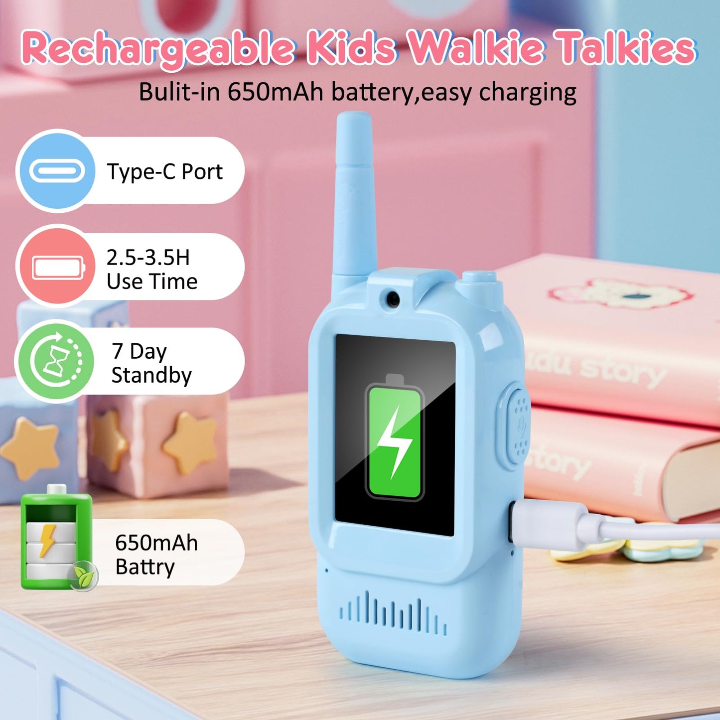 Video Walkie Talkies for Kids with Camera, Long Range Rechargeable Walkie Talkies 2-Pack,Two Way Radios Fun Indoor Outdoor Toys for Camping, Hiking