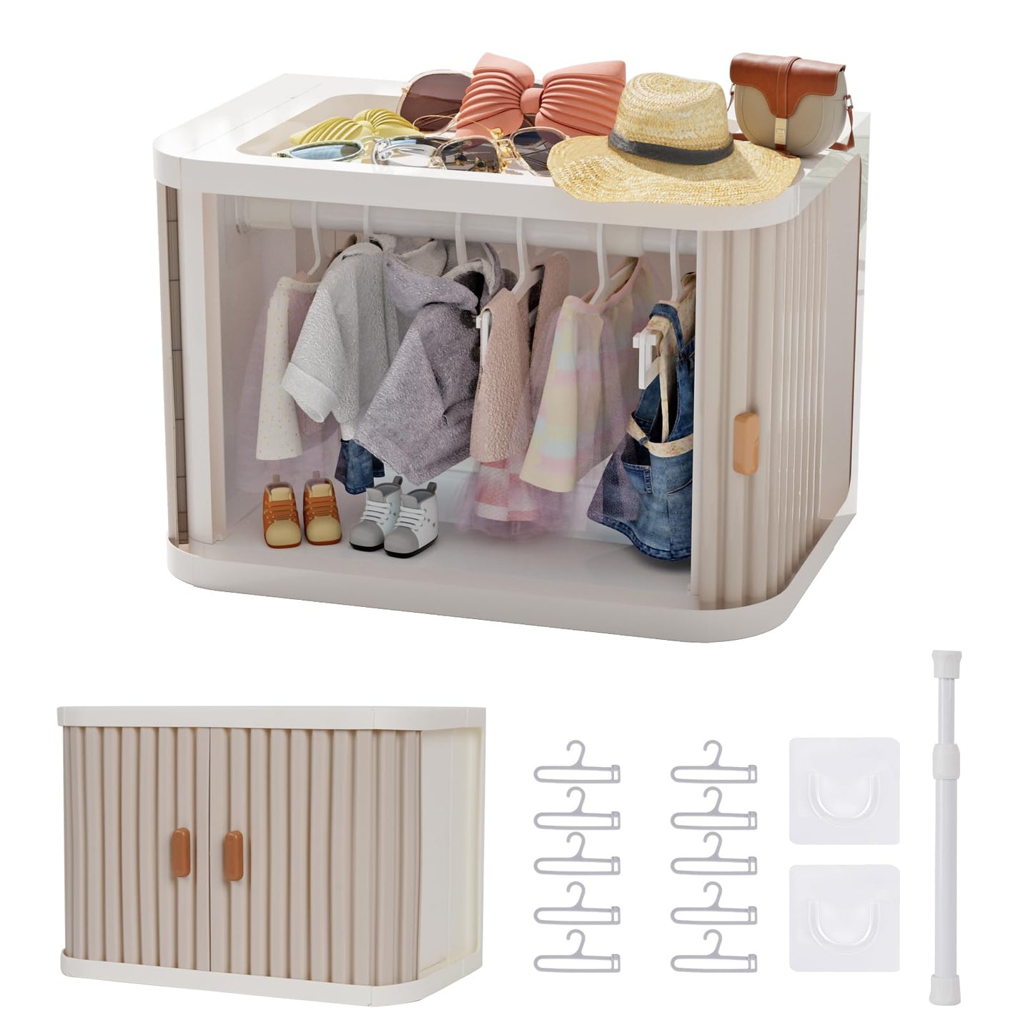 Creproly Doll Wardrobe Storage Box, Foldable Doll Closet with 10 Hangers and Rod for 15/17cm Doll Clothes Stackable Organizer Cabinet