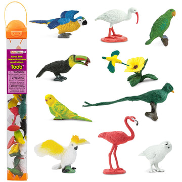 Safari Ltd. Exotic Birds TOOB - 10 Figurines: Parakeet, Quetzal, Macaw, Hummingbird, Toucan, Cockatoo, Flamingo, Snowy Owl, Parrot - Educational Toy
