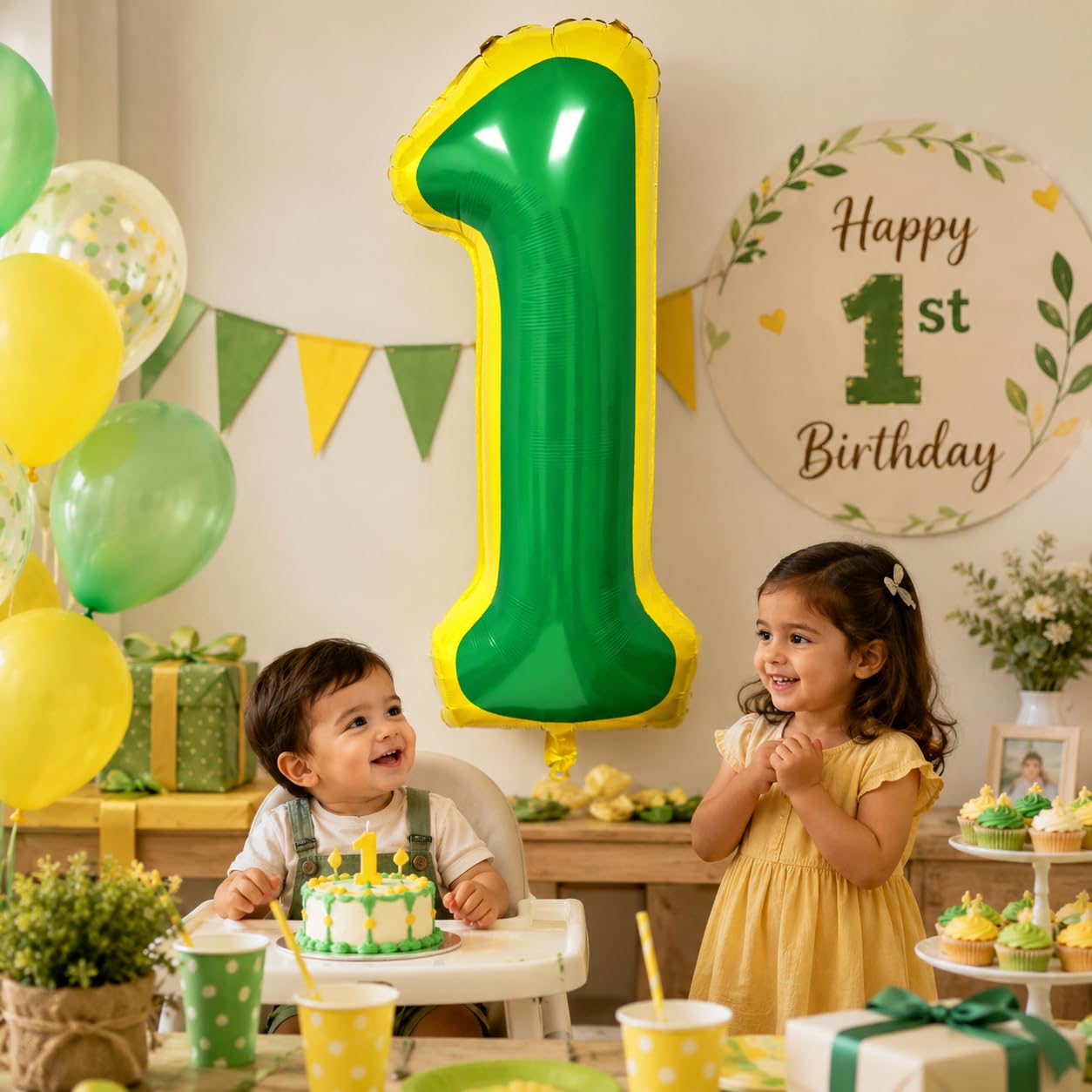 40 Inch Street Number 1 Foil Balloon, Green & Yellow Themed Giant Balloon for Kids Boys Girls 1st Birthday Party Decorations (Number 1)