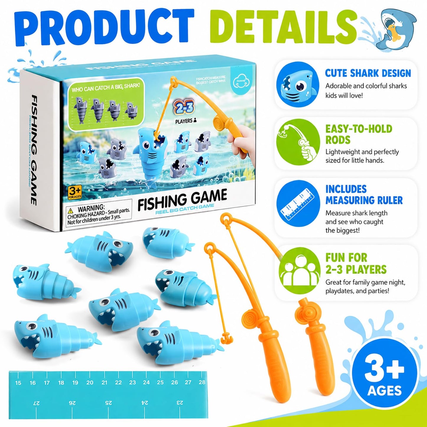 Fouwoqi Shark Fishing Game for Kids - Preschool Math Games for 3 Year Olds,Toddler Fine Motor Learning Toys,Interactive Family Board Games for Boys