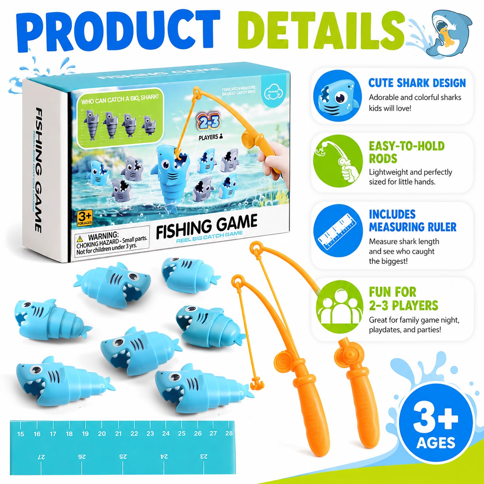 Fouwoqi Shark Fishing Game for Kids - Preschool Math Games for 3 Year Olds,Toddler Fine Motor Learning Toys,Interactive Family Board Games for Boys