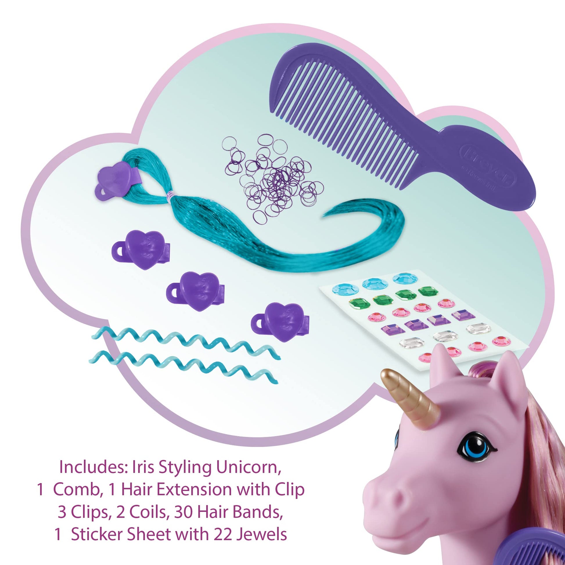 Breyer Horses Mane Beauty Styling Unicorn | Iris | Purple Extra-Long Silky No Tangle Mane | 10" x 3.5" x 10.5" | 7 Accessories, 30 Hair Bands, and 22