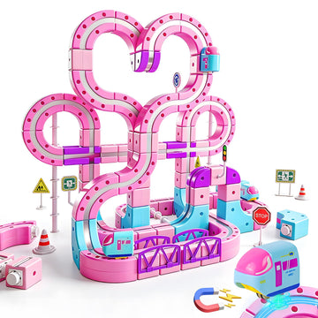 Lukxi Pink Electric Train Set for Girls, 170PCS Magnetic Train Track with Heart-Shaped Design, DIY Anti-Gravity 3D Race Track, STEM Educational Toy