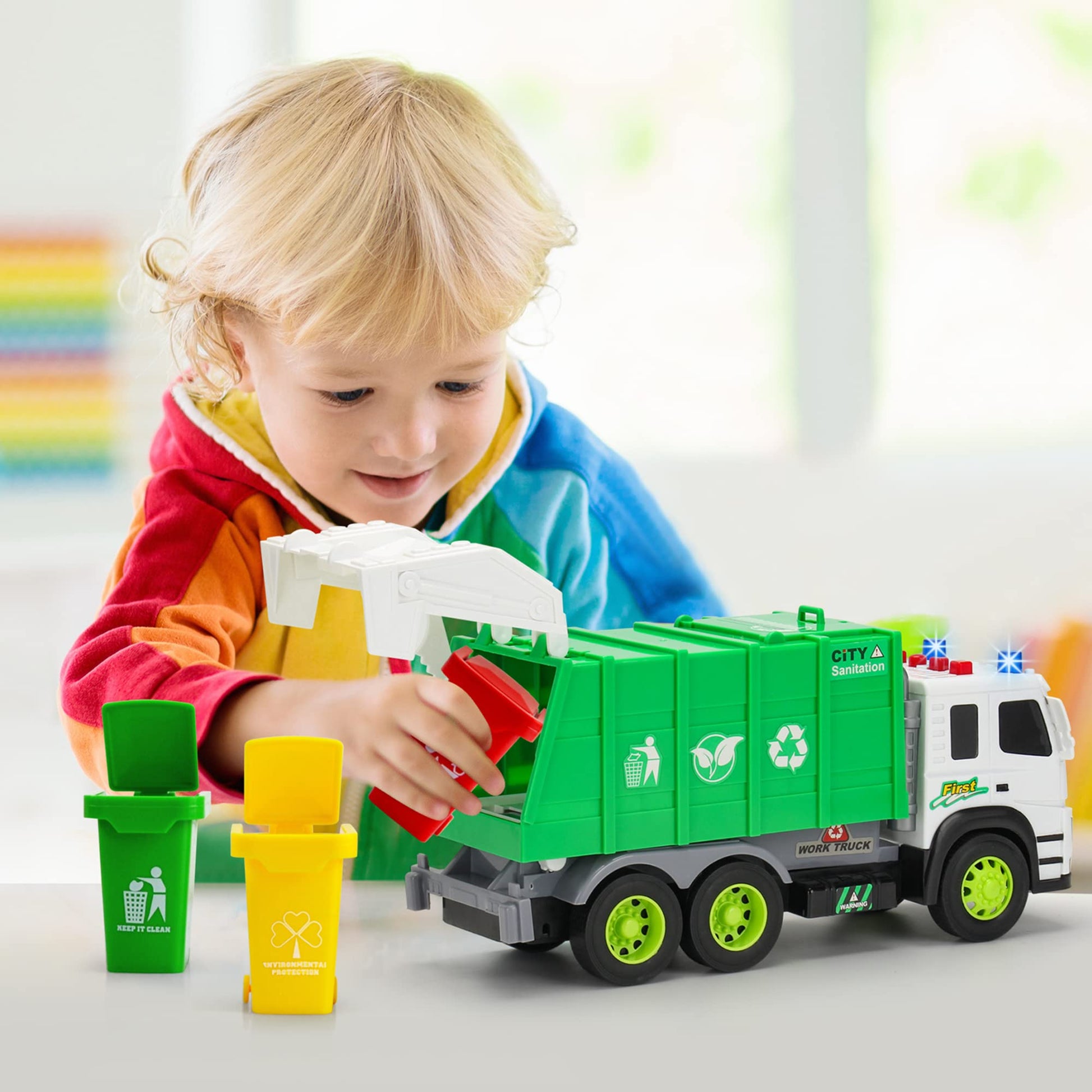 MOBIUS Toys Garbage Truck - Large 1:12 Scale Recycling Truck with Lights, Sounds & Moving Parts - Durable BPA-Free Trash Truck for Kids Ages 3-7