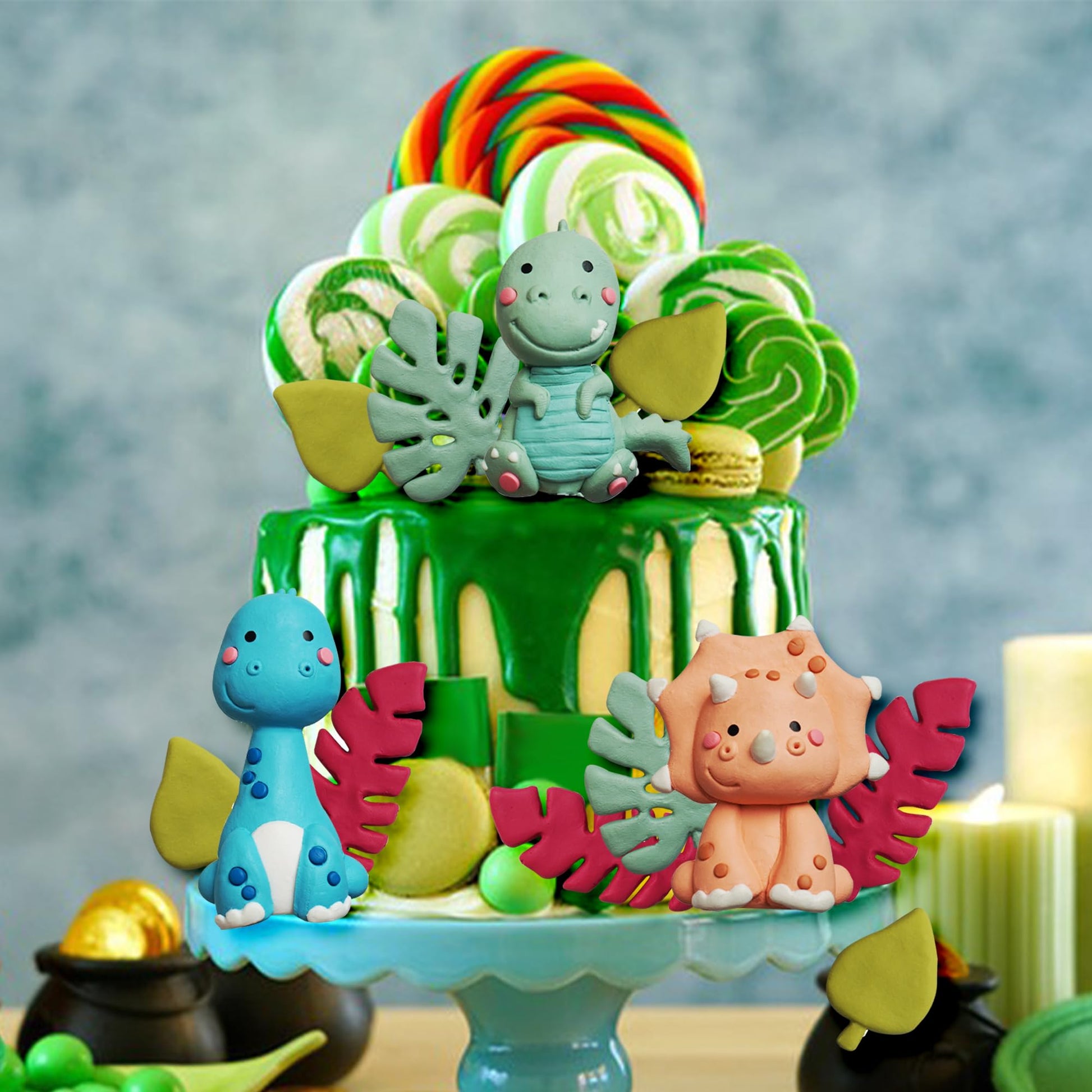 Clay Dinosaur Cake Toppers With Leaves for Birthday Dinosaur Theme Jungle Theme Supplies
