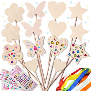 WUBOMJIO Princess Fairy Wands Craft Kit, Kid Birthday Party Supplies Make Your Own Magic Wands Include Unfinished Wooden Fairy Wands, Gem Stickers
