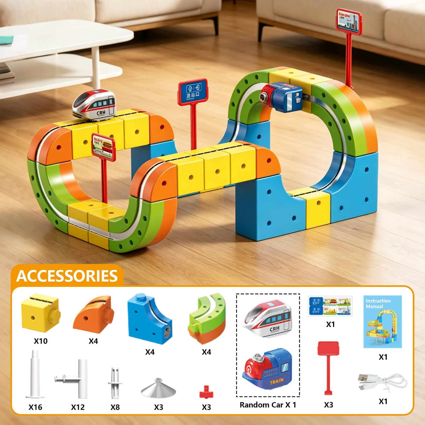 Uermis Electric Train Set for 3 4 5 6 7 8 Years Old Boys and Girls, 3D Flexible Racer Tracks Gravity-Defying Embedded Layouts & Motorized Car, STEM