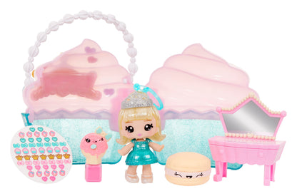 Yummiland Beauty Bag Playset + Lip Gloss Doll - Cupcake Bag Includes Exclusive Callie Birthday Cake, Nail Polish + Nail Stickers, Body Shimmer, Doll