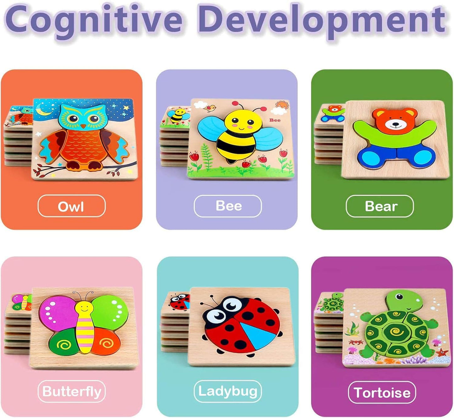Wooden Puzzles Toddler, 6 Pack Animal Jigsaw Puzzles Montessori Toys for Kids Baby Boys Girls Brain Development Preschool Learning Educational Toy