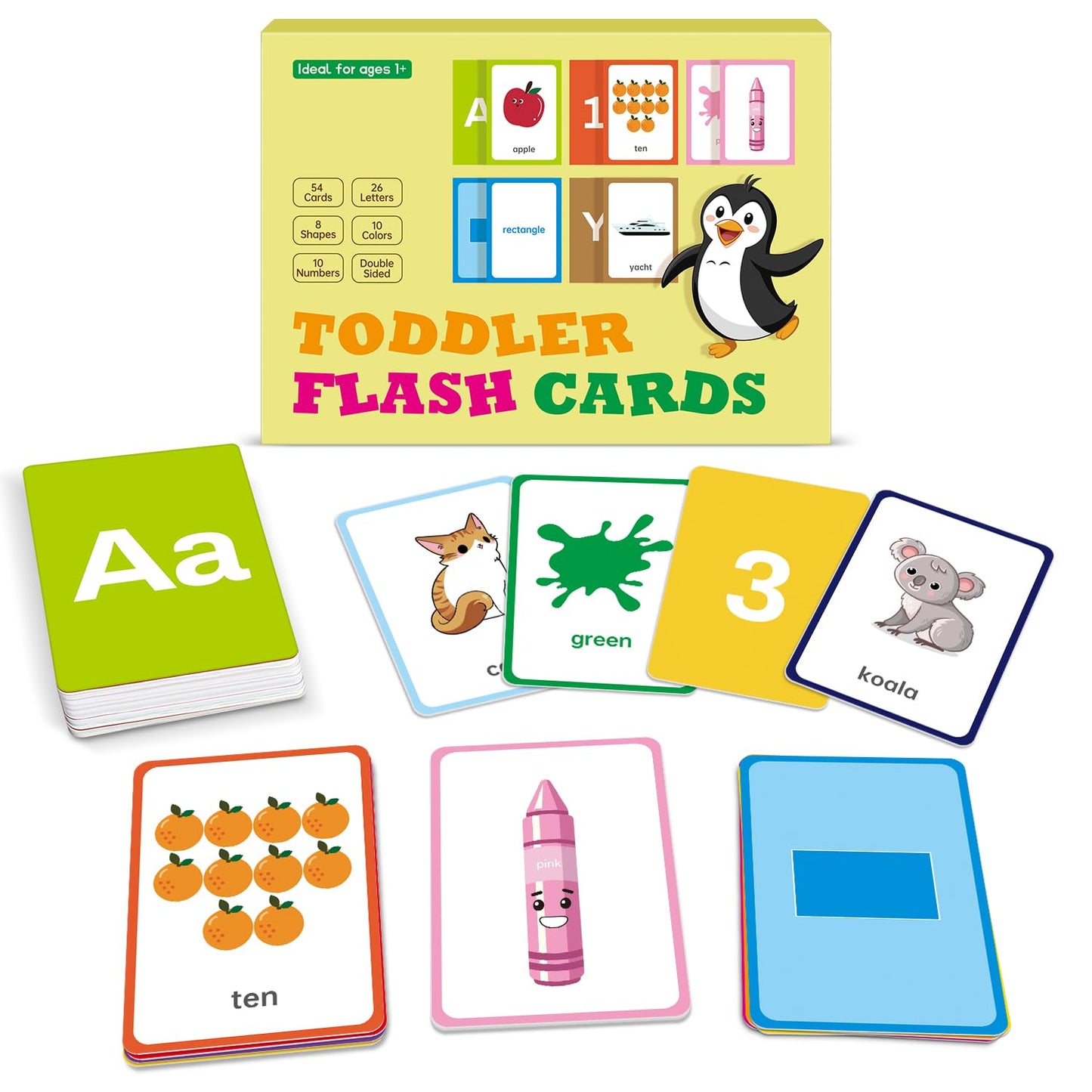 Flash Cards for Toddlers Learning - 54 Double-Sided Alphabet, Number, Color & Shape Cards - Durable Preschool Educational Toys for Kids Ages 2-5