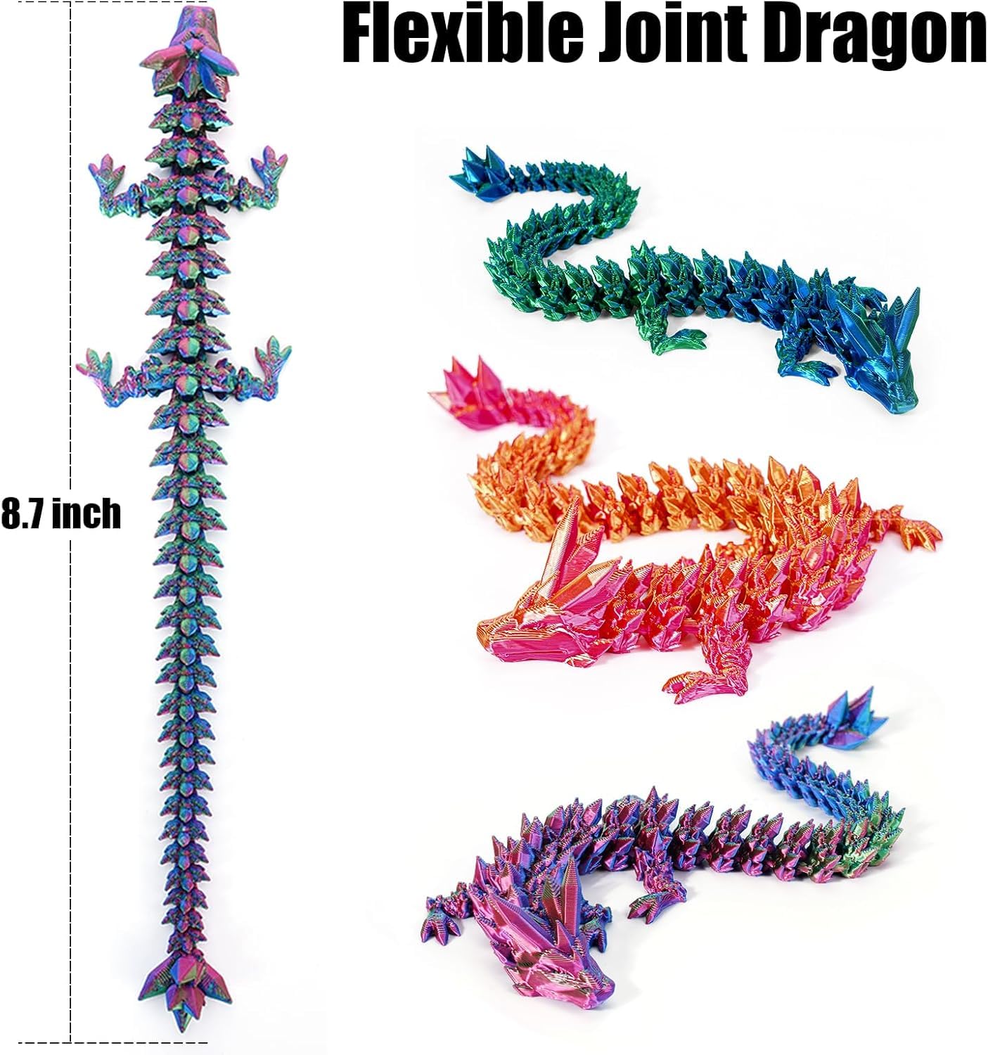 TBOLINE 4 Pack 3D Printed Dragons 8.7'', Flexible Articulated 3D Printer Dragon toys, Animals Fidget Toy Dinosaur Eggs for 5-7 4-6 8-12, Christmas