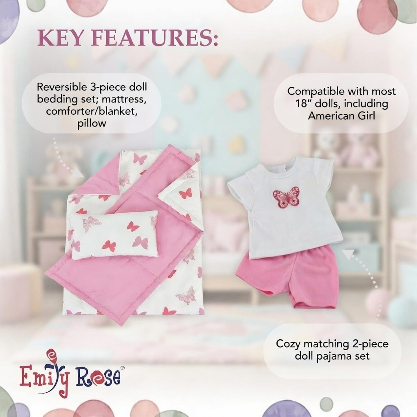 Emily Rose 18 Inch Doll Bed w/Reversible Bedding & Matching 2PC Pajamas