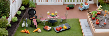 1:12 Miniature BBQ Grill Oven with Accessories Table Chairs, Fake Food Scene Model for Diorama Building