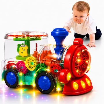 Tooty Toy Transparent Sensory Train Toy -Interactive Light up Toys for Kids- Musical Train Toys with LED Light for Toddlers- Colorful Moving Gears