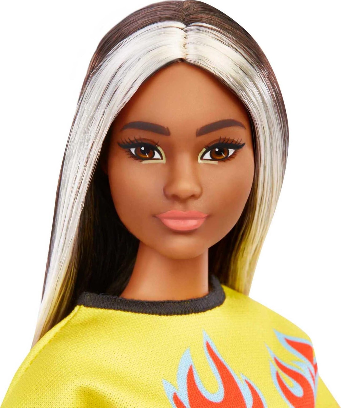 Barbie Fashionistas Doll #179, Curvy with Long Highlighted Hair, Flame Crop Top, Checkered Skirt & Accessories Including Sneakers & Sunglasses