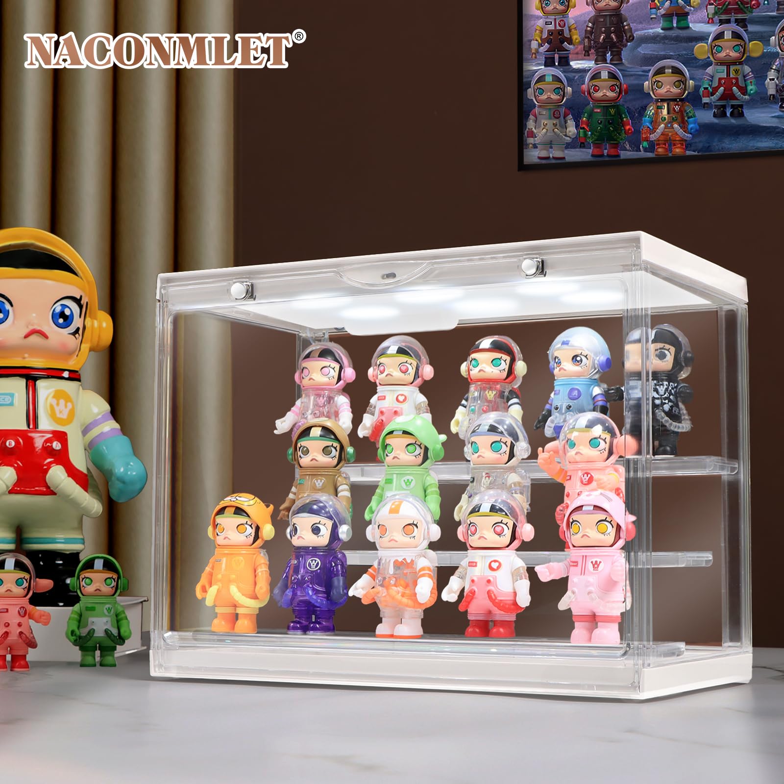 LED Acrylic Display Case for Collectibles, Cordless Power Stacking Showcase with 3-Tier Steps - Clear Dustproof Protector Box with Magnetic Door for