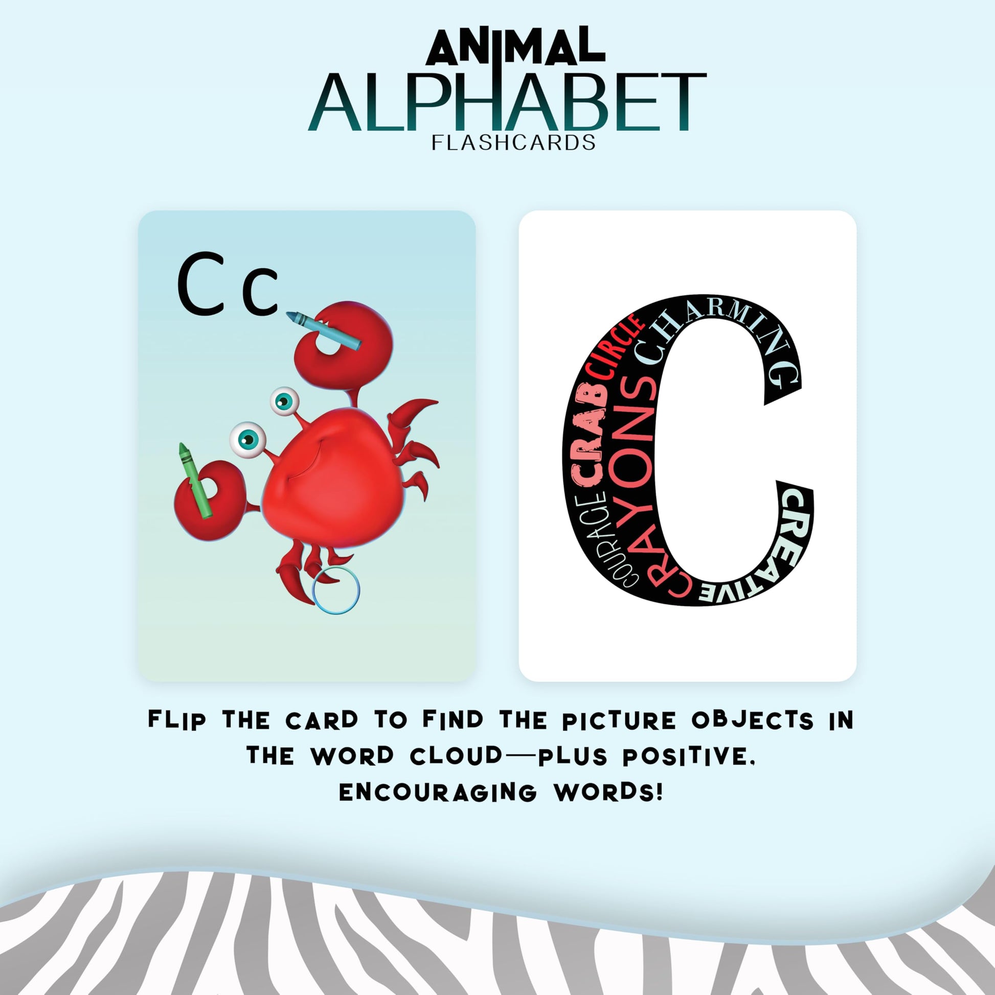 Animal Alphabet Flash Cards for Kids - ABC Learning Cards with Artist-Illustrated Animals, Word Clouds, Hidden Objects, and Positive Words - Large