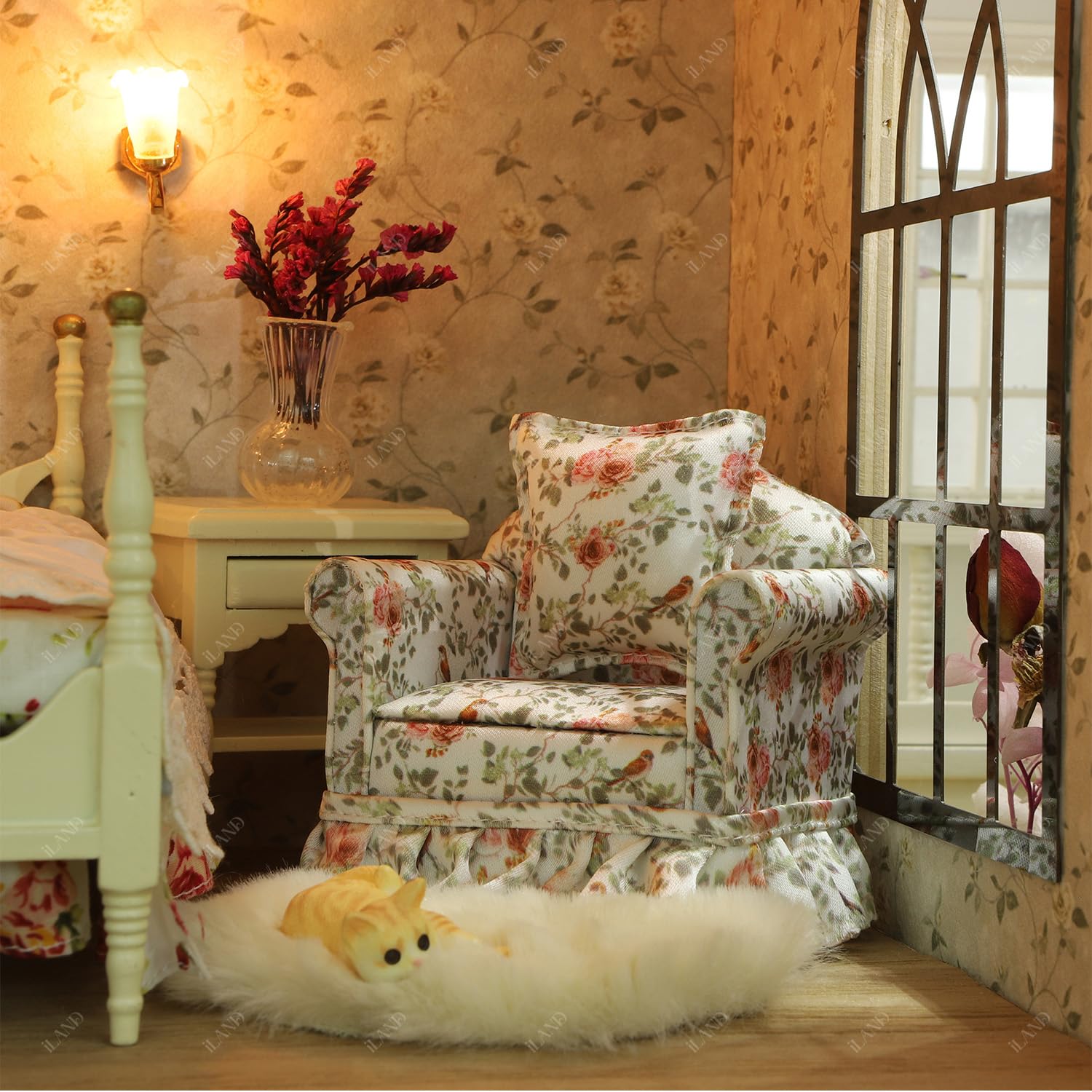 iLAND Dollhouse Furniture of Dollhouse Couch Set, Elegant Rose Pleated Single Sofas 2Pcs w/Cushions, Doll House Accessories and Furniture Miniature