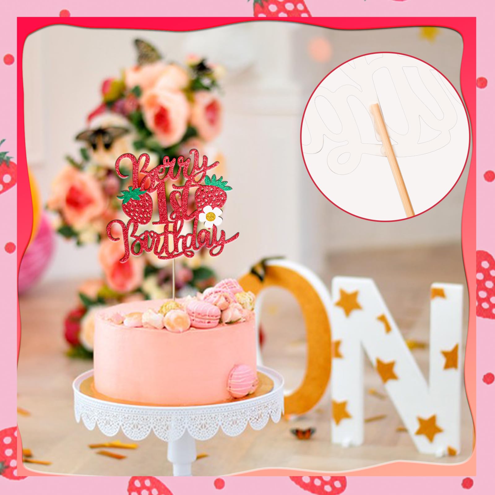 1pcs Berry 1st Birthday Cake Topper Flower Glitter Strawberry Theme 1st Birthday Cake Pick for Sweet Fruit Theme Baby Shower First Birthday Party Cake