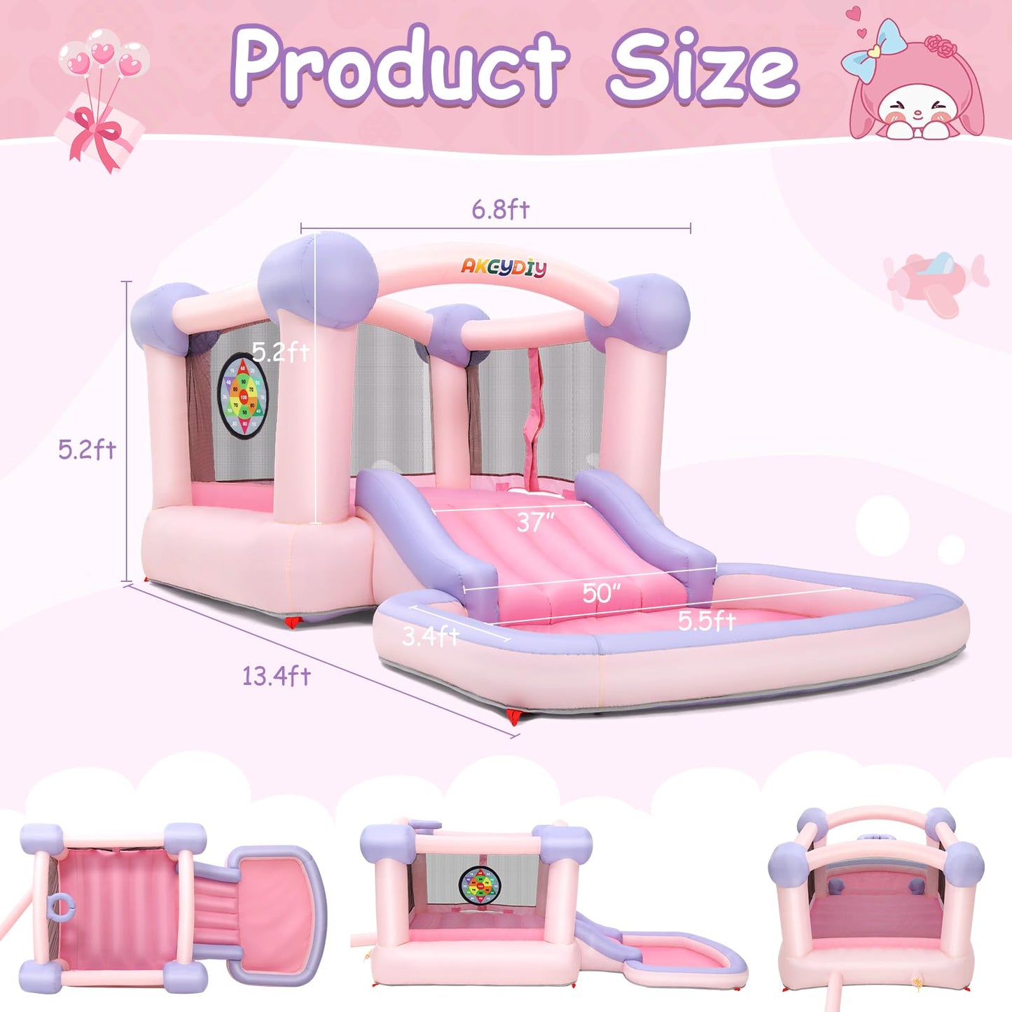 AKEYDIY Bounce House for Kids, Pastel Bouncer with Slide, Pink Inflatable Jumping Bouncy Castle for Birthday Party Gifts Outdoor & Indoor, UL Blower