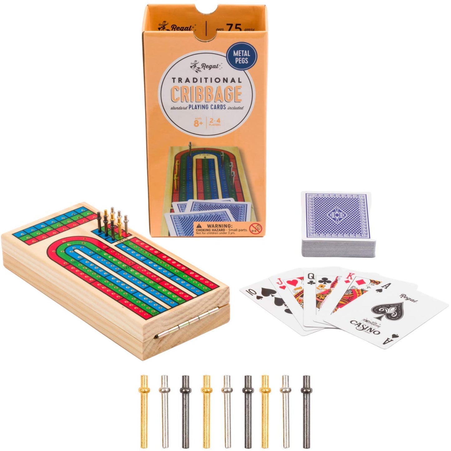 Regal Games Cribbage Board Game Set w/Storage - Fun Table Game with Wooden Board for Adults & Kids - 9 Metal Pegs, Deck of Playing Cards & 2-4 Player
