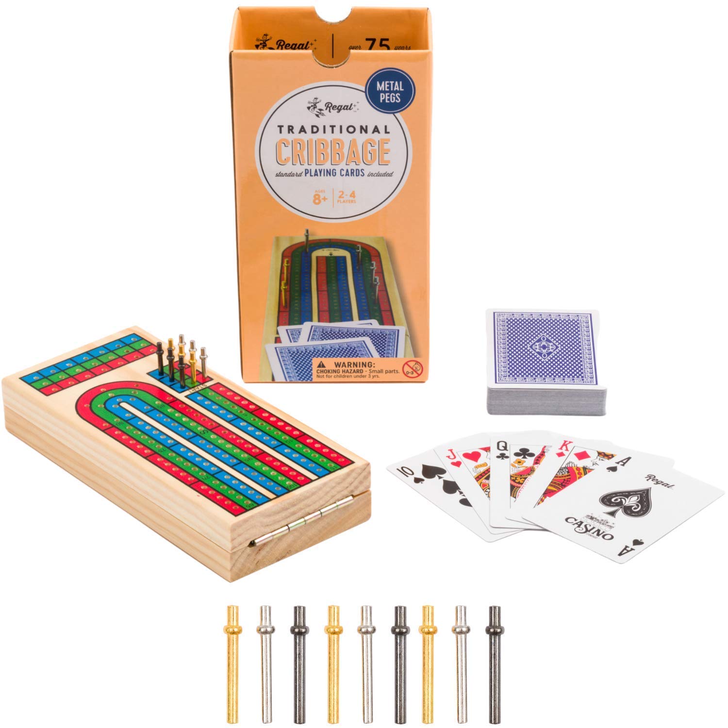 Regal Games Cribbage Board Game Set w/Storage - Fun Table Game with Wooden Board for Adults & Kids - 9 Metal Pegs, Deck of Playing Cards & 2-4 Player