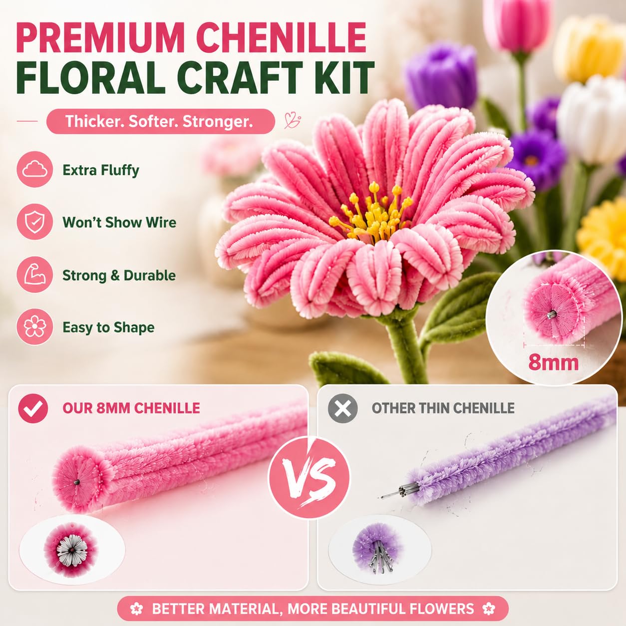 800 PCS Pipe Cleaners Bulk Flowers Kit, Pipe Cleaners Craft with Handle, 13 Colors Chenille Stems with Full Set of Tools, DIY Art Craft