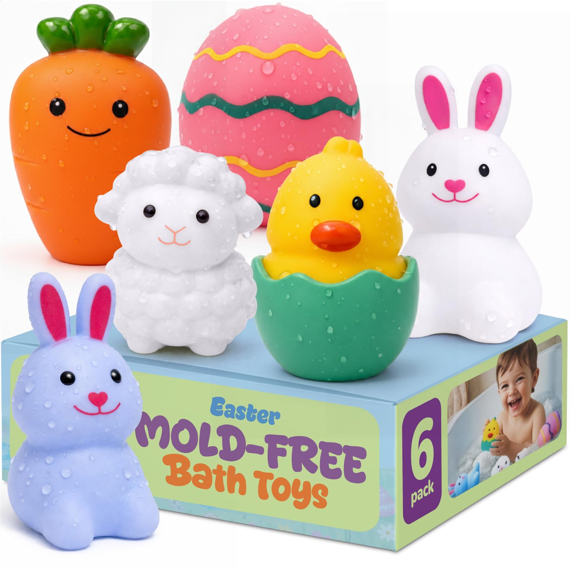 ArtCreativity TubZee Easter Basket Stuffers for Toddlers, Mold Free No Hole Bath Toys, Soft Squeezable for Baby, Gifts for Kids 6 Month+, 6-Pack