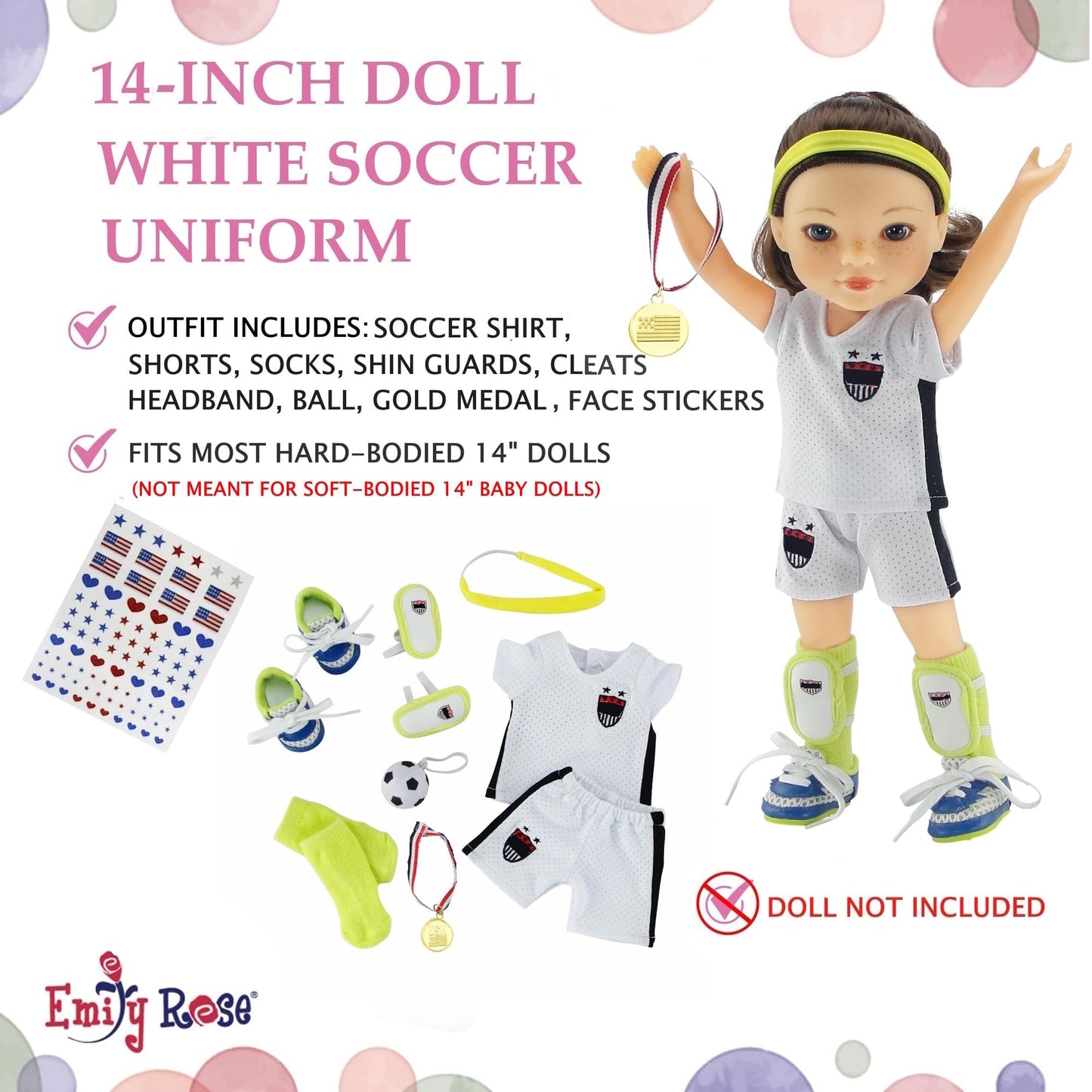 Emily Rose 14 Inch Doll Soccer Uniform 9-PC Set | Doll Clothes Sports Outfit with Socks Shin Guards Cleats Ball Headband Medal & Patriotic Face