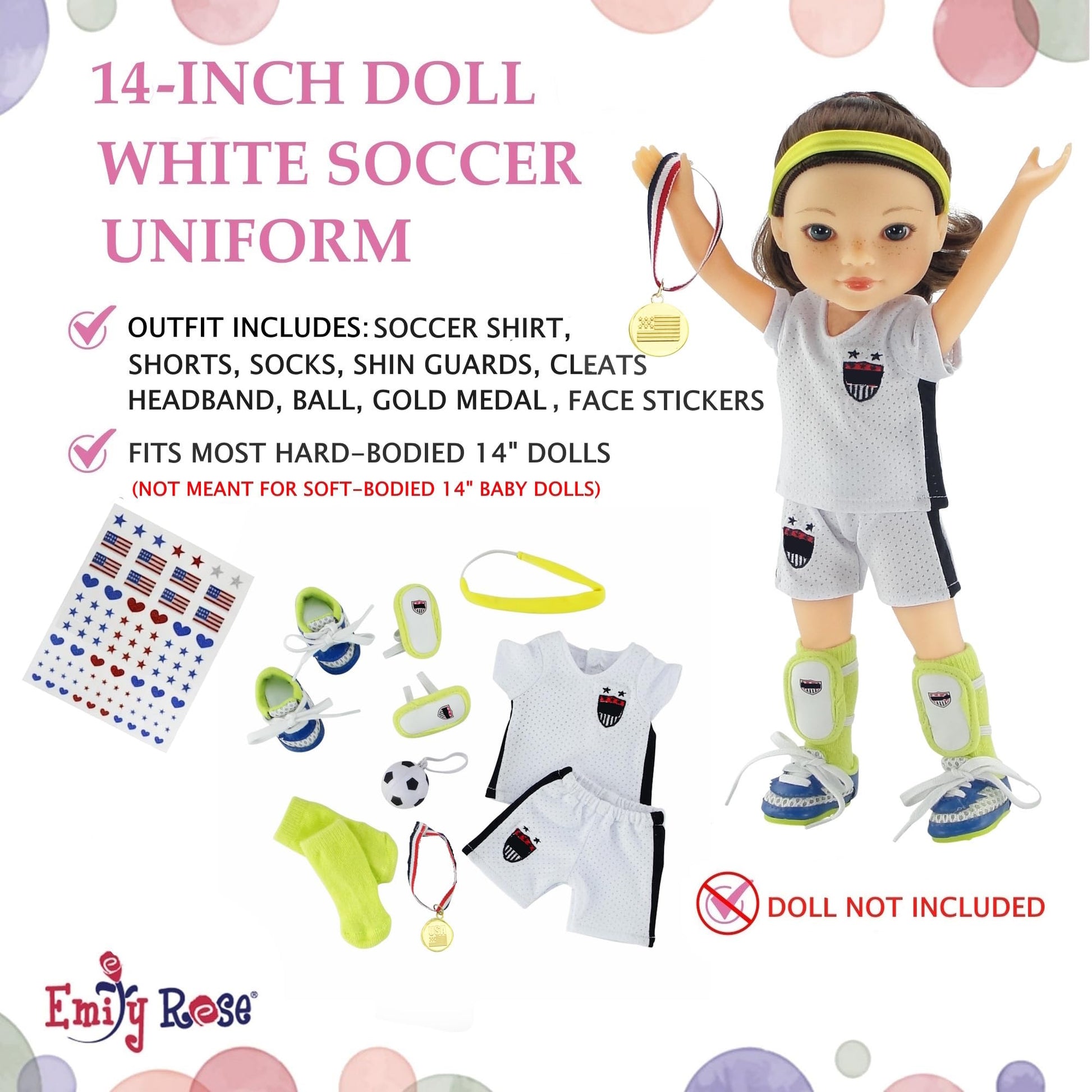 Emily Rose 14 Inch Doll Soccer Uniform 9-PC Set | Doll Clothes Sports Outfit with Socks Shin Guards Cleats Ball Headband Medal & Patriotic Face