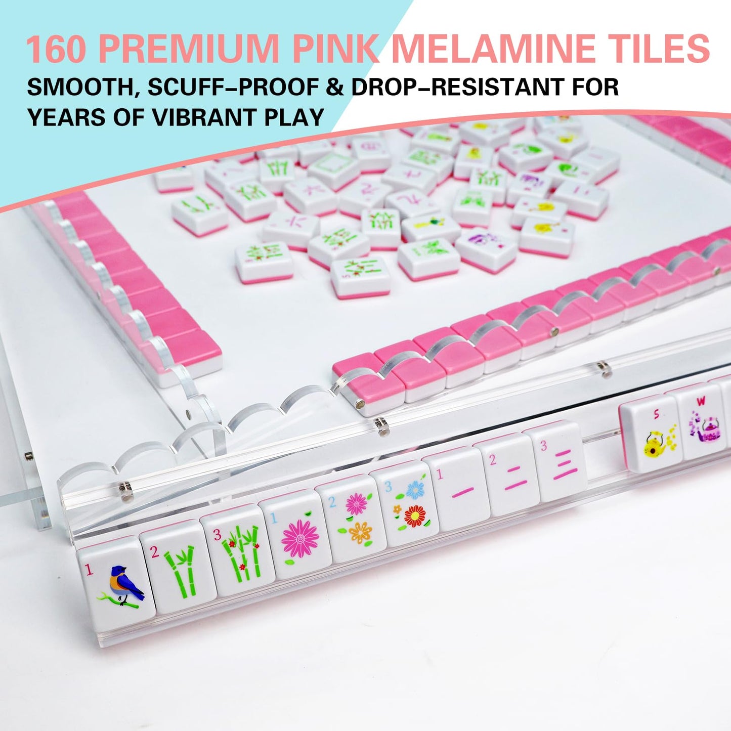 Portable Pink Mahjong Set 160 Premium Melamine Tiles, Engraved American Mahjong Game with Carrying Bag&3 Dice Compact 0.9” x 1.18” x 0.5” Tiles