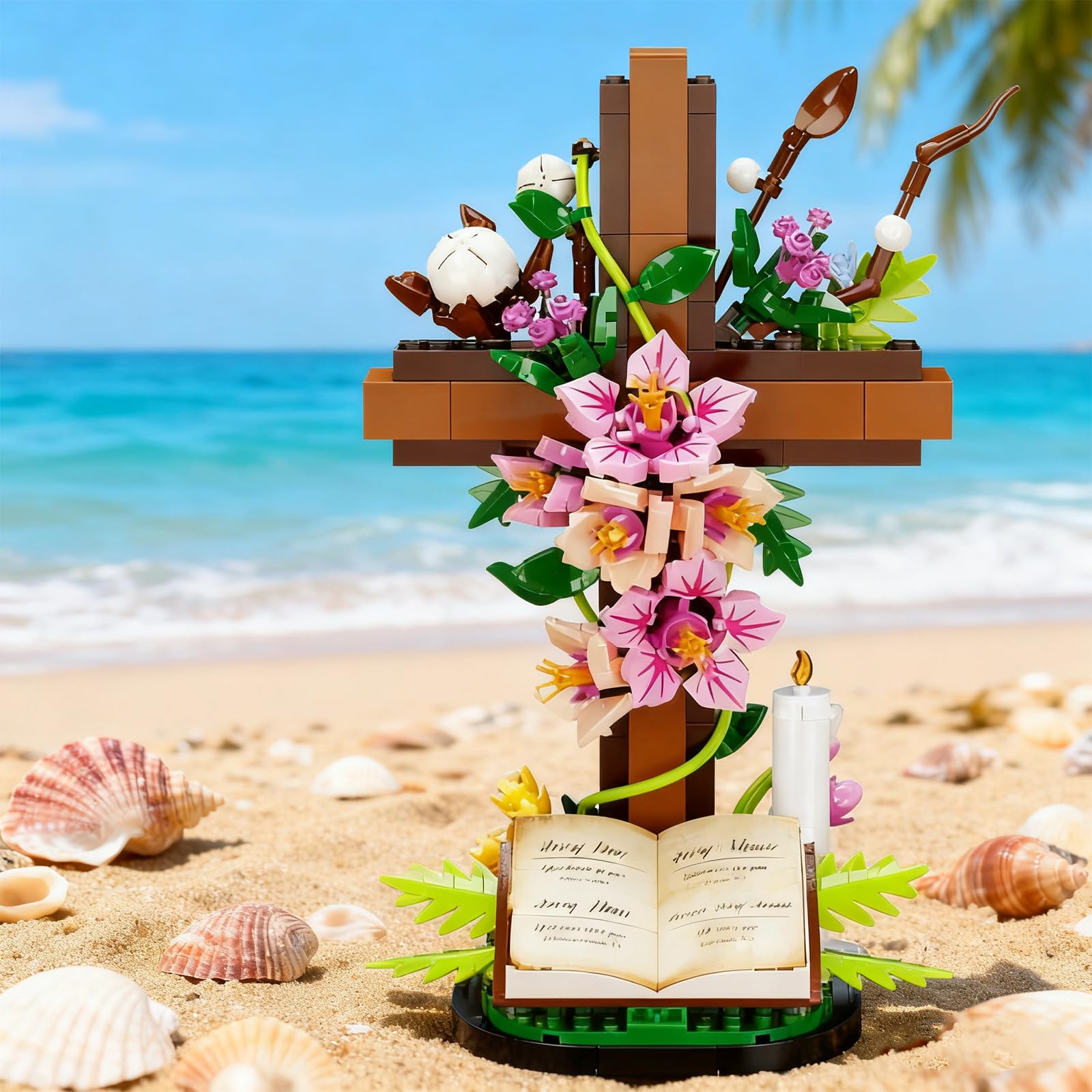 SHAIMIOU The Cross Flower Building Block Set,Faithful Blossoms DIY Plastic Bricks Religious Easter Resurrection Home Decor for Believer Adult