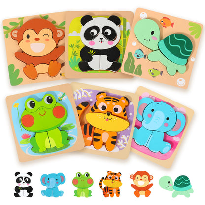edutree Wooden Puzzles for 2-4, 6 Pack Animal Shape Puzzle Montessori Toys for 2 3 4 Year Old, Educational Learning Toys for Girls Boys