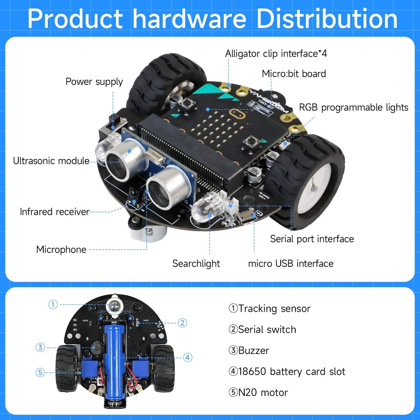 Yahboom Microbit V2 Robot Intelligent Obstacle Avoidance Follow Makecode Graphical Programming Python Programming?with Microbit V2? Pre-Assembled