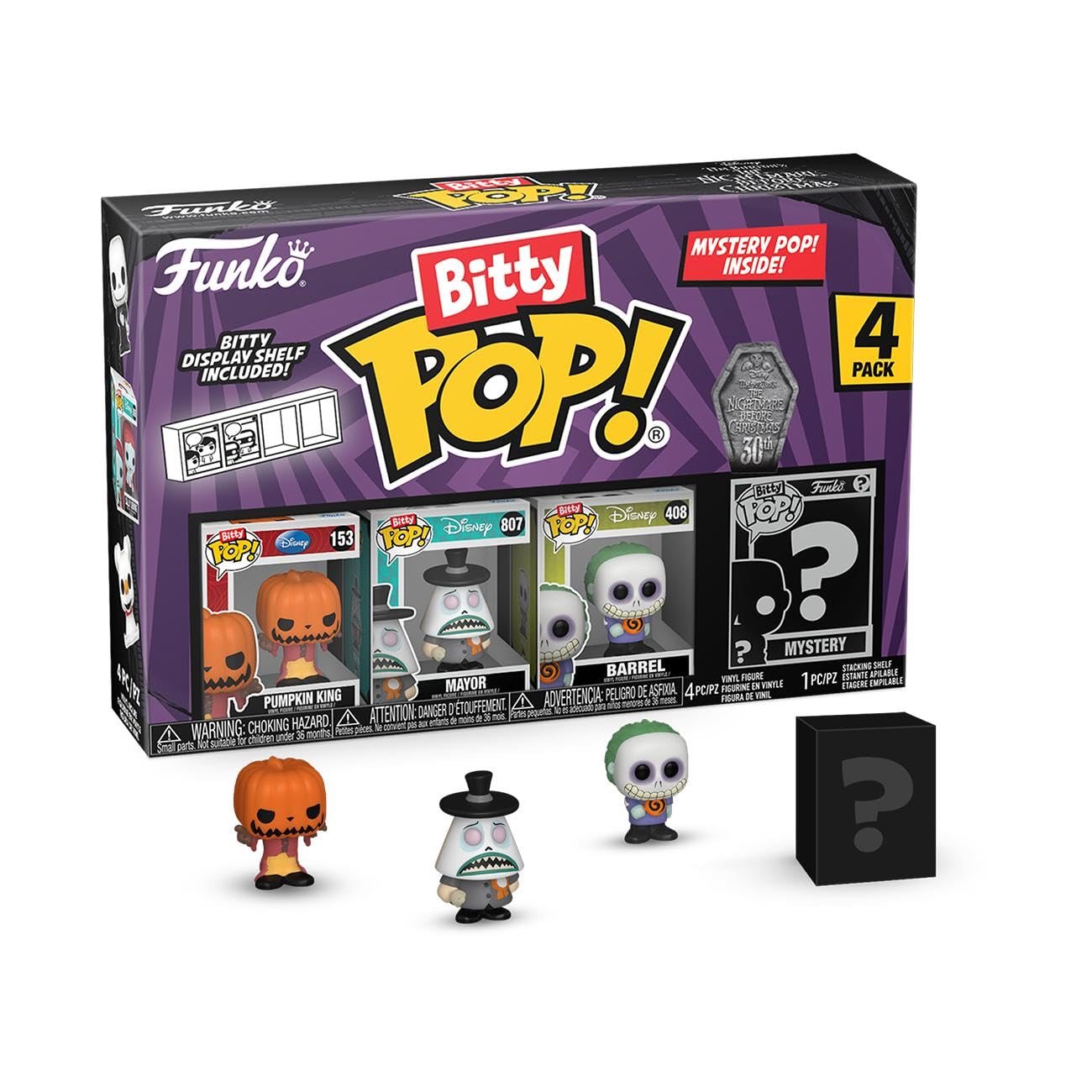 Funko Bitty Pop the Nightmare Before Christmas - Pumpkin Jack 4PK - Pumpkin King, Mayor (Frowning), Barrel and A Surprise Mystery Mini Figure - 0.9