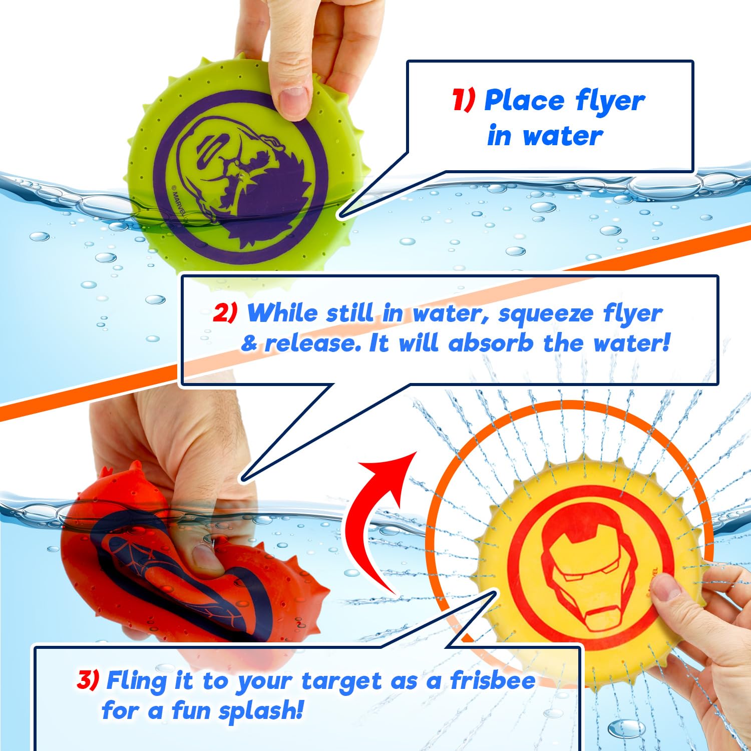 JA-RU Marvel Avengers & Spiderman Water Frisbee Soaker (4 Frisbees Assorted) Rubber Disc Water Toys for Kids & Adult. Outdoor Pool Toy & Beach Ball