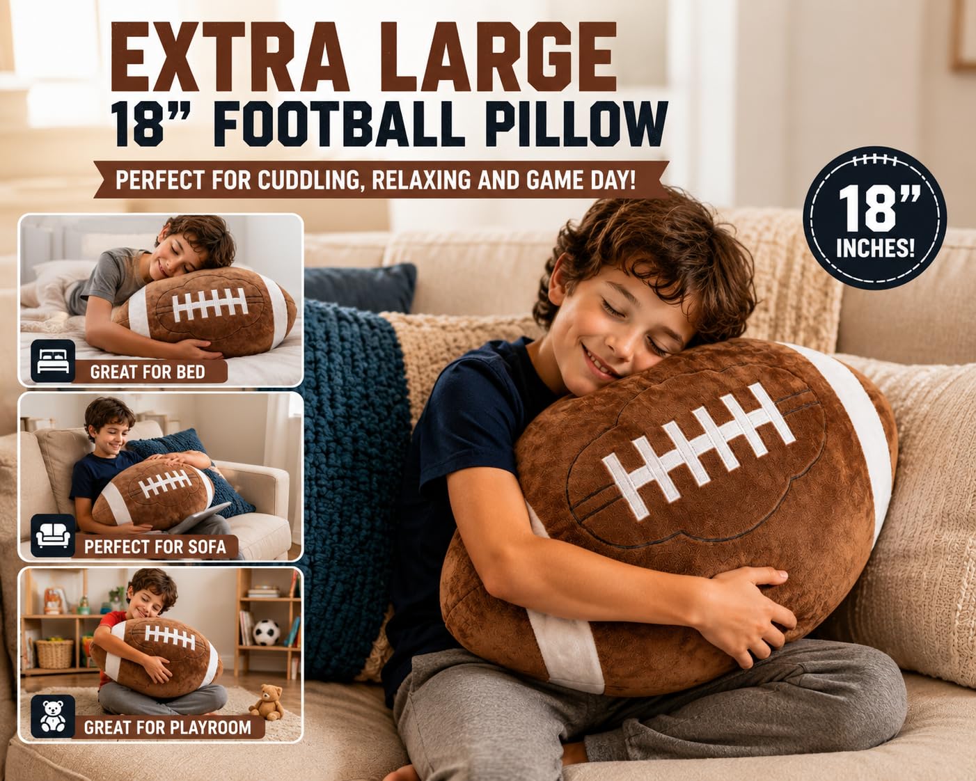 Olivia Martini Large 18 Inch Football Plush Pillow for Boys & Girls