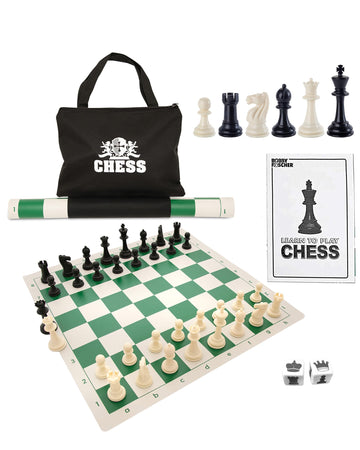 WE Games Best Value Tournament Chess Set - Includes 34 Chessmen, Roll Up Green Vinyl Chess Board, Storage Bag for Pieces, Instructions and Equalizer