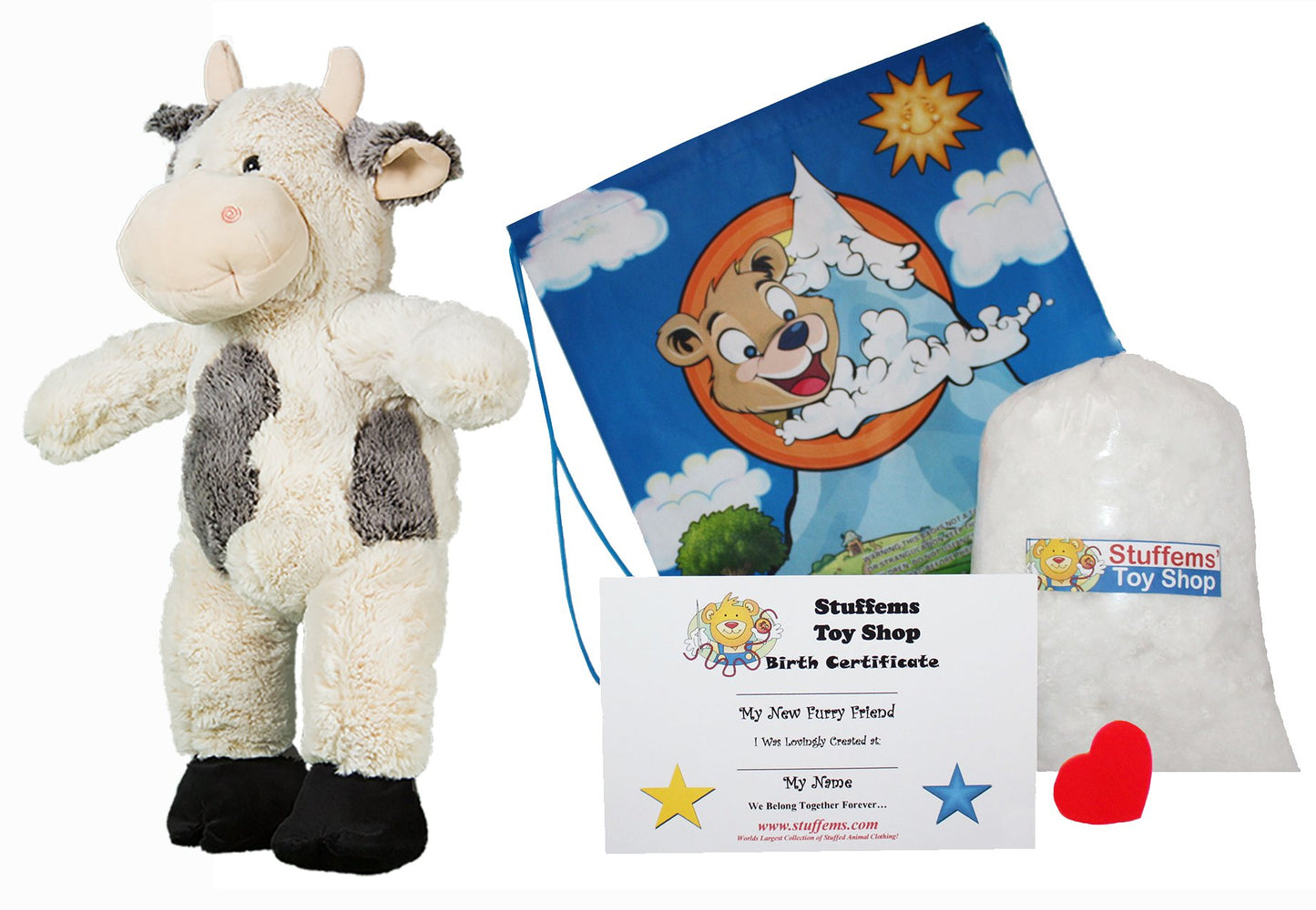 Stuffems Toy Shop Make Your Own Stuffed Animal 16" "Bessie Mae Moo-cho the Cow - No Sew - Kit with Cute Backpack!