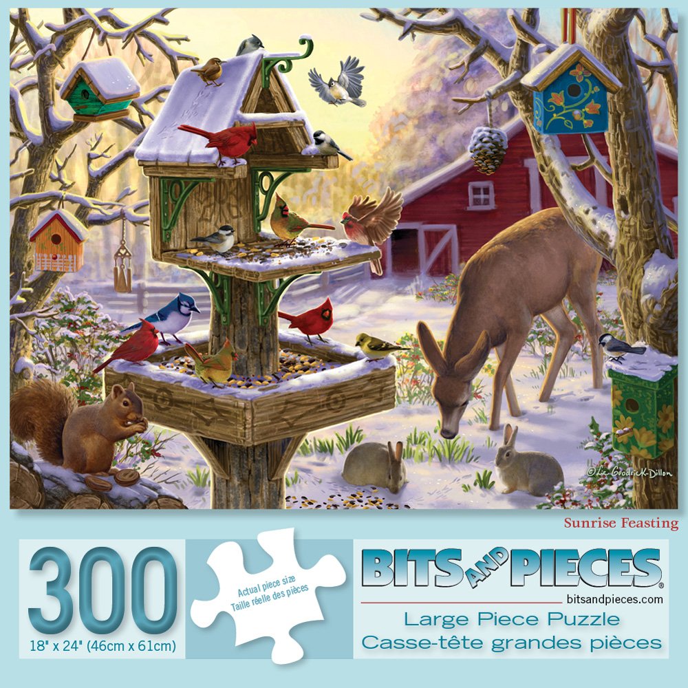 Bits and Pieces - Value Set of Two 300 Piece Jigsaw Puzzles for Adults - Building a Snowman on a Snow Day, Sunrise Feasting - Winter Snow Jigsaw