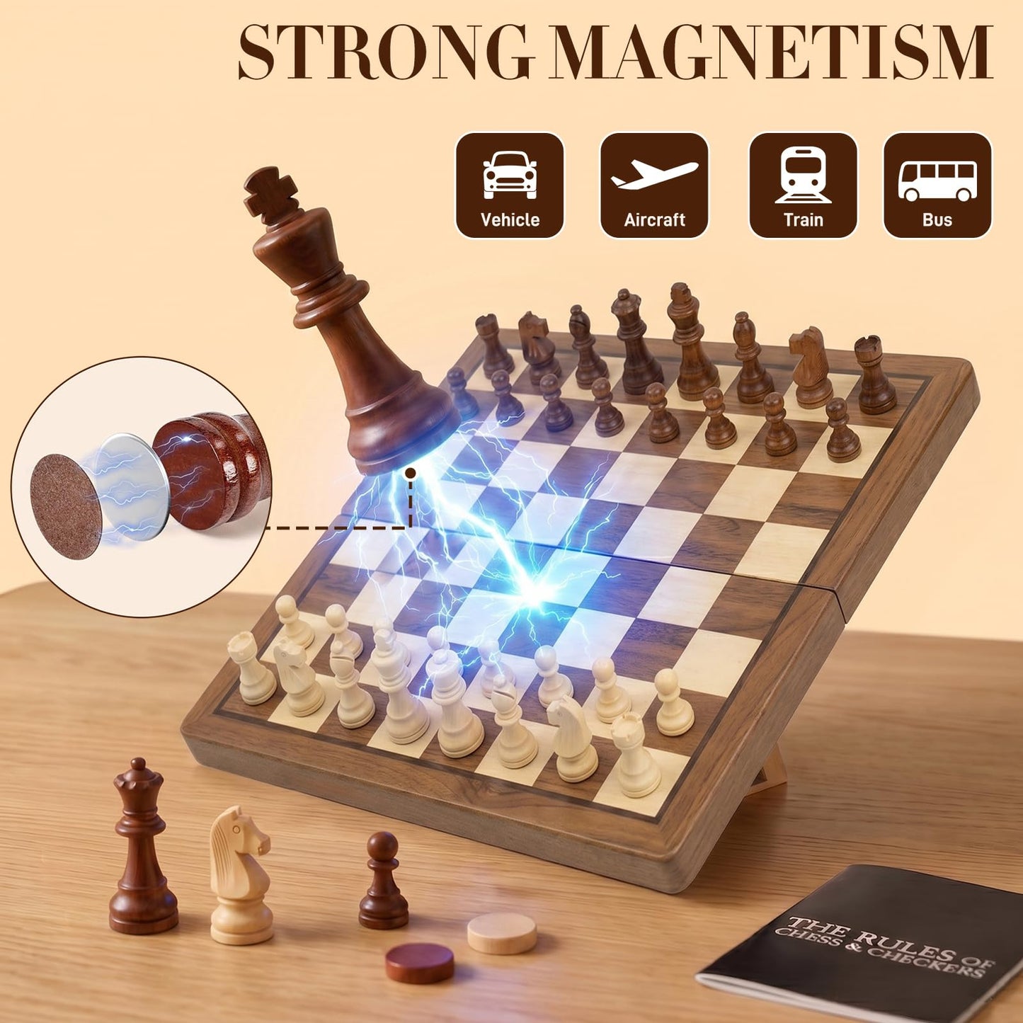 Tobaisaa 15 Inch Natural Wood 2 in 1 Magnetic Chess & Checkers Set