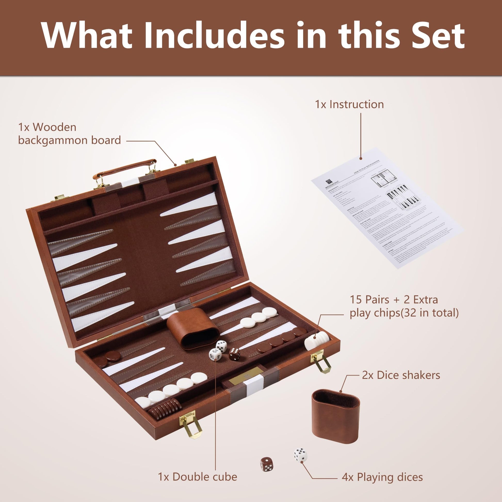 Backgammon Sets for Adults - 15 inch Classic Board Games with Premium Leather Case - Travel Backgammon Strategy Game Set for 2 Players - Portable