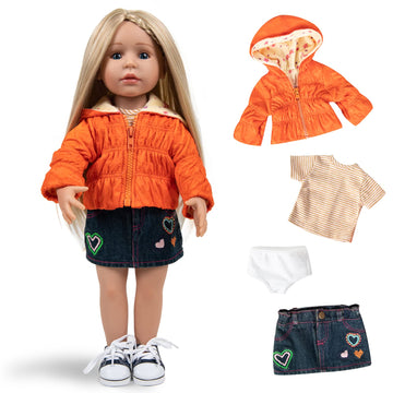 Rakki Dolli Doll Clothes Set Fashion 4 Pieces Includes Warm Hooded Coat, T-Shirt, Jeans Skirt & Underpants, Handmade Party Dress Casual Wear Fits 18